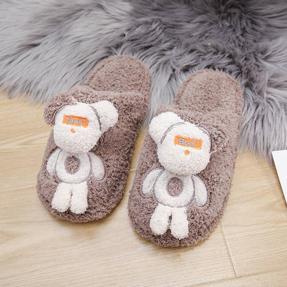 Fashion Couple Winter Home Slippers Women Cartoon Cute Bear Shoes Soft Warm House Slippers Flat Red Slides Women Fluffy Slippers