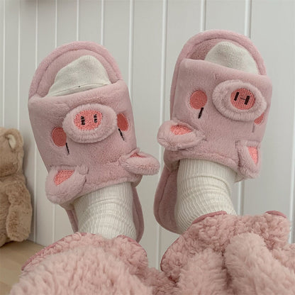 New Girl Heart Cotton Slippers Female Autumn And Winter Cartoon Cute Pig Knot Plush Non-slip Indoor Shoes Home Warm