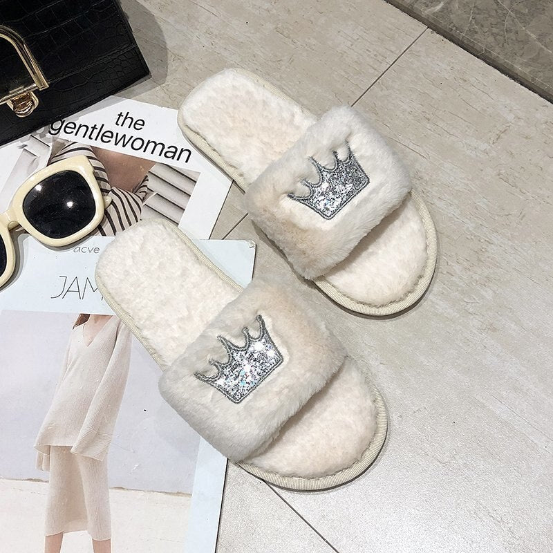 Slippers Women  Womens Fur Slippers Winter Shoes Big Size Home Slipper Plush Pantufa Women Indoor Warm Fluffy Cotton Shoes