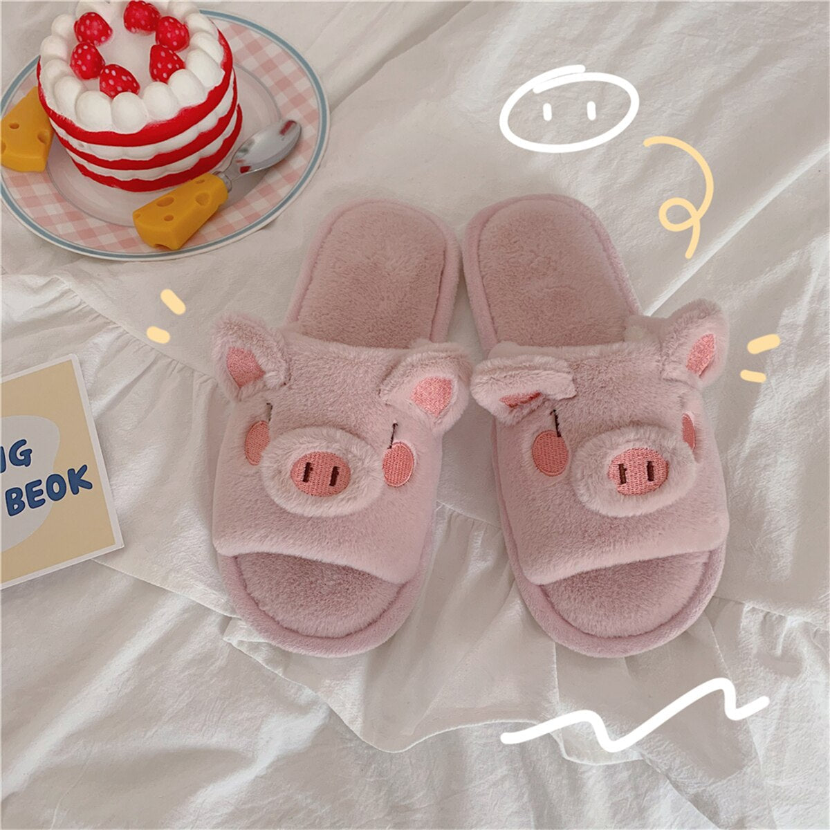 New Girl Heart Cotton Slippers Female Autumn And Winter Cartoon Cute Pig Knot Plush Non-slip Indoor Shoes Home Warm