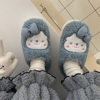 New girl heart cotton slippers female autumn and winter cartoon cute bear knot plush non-slip indoor confinement shoes household