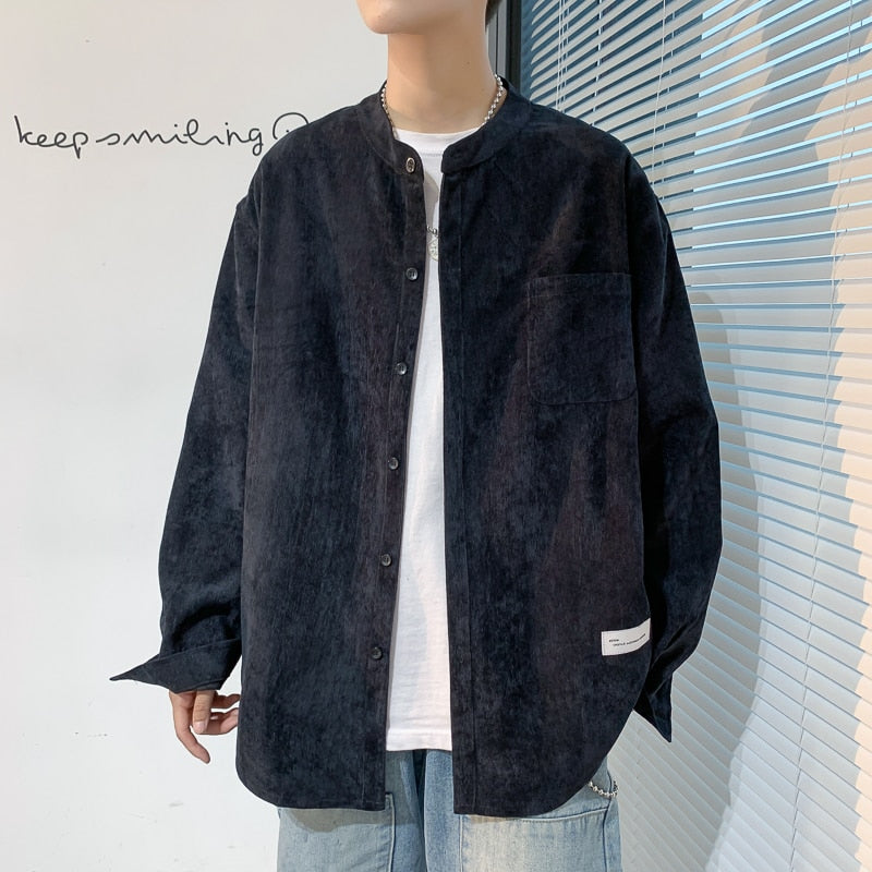 xiangtuibao Oversized Men Solid Corduroy Shirt Long Sleeve  Mens Pocket Streetwear Shirts Male Korean Fashions Black Shirt 5XL