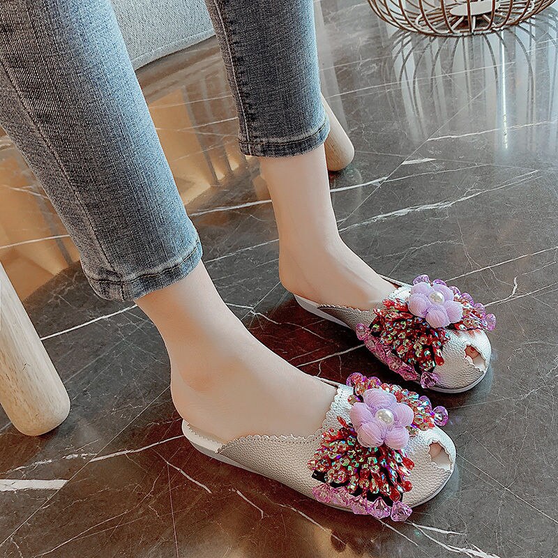 Baotou single shoes sandals for women's wear  summer new fashion Diamond Beads half slippers antiskid lazy shoes