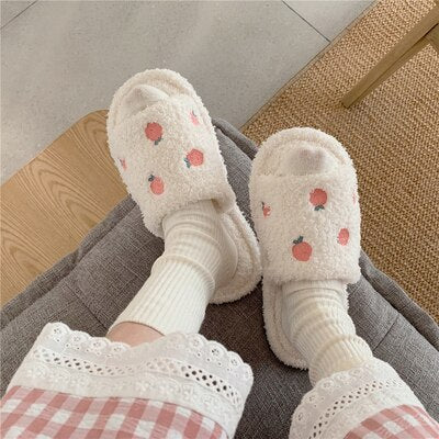 Winter indoor slippers cartoon fruit soft fluffy plush thick-soled flat shoelaces non-slip heel non-slip shoes casual ladies