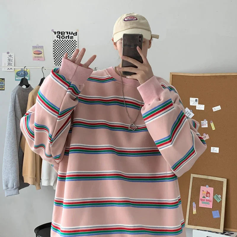 xiangtuibao -  Men's Striped Printing Loose Youth Pullover Fashion 3d Print Hoodies Cotton Casual Coats Streetwear Hip Hop Sweatshirts