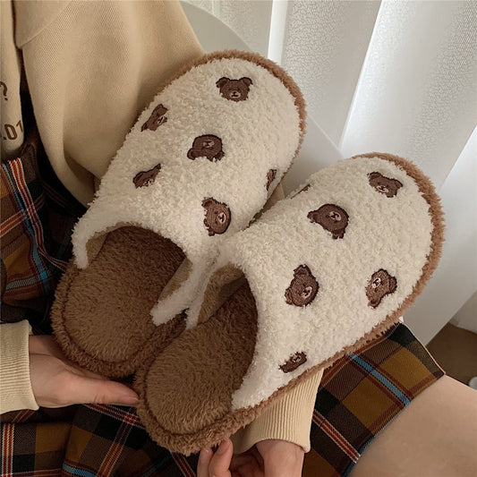 new cute couple fashion cartoon pattern bear adult autumn and winter non-slip warm indoor fluffy slippers home shoes women home