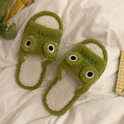 New girl heart cotton slippers female autumn and winter cartoon cute frog knot plush non-slip indoor confinement shoes household