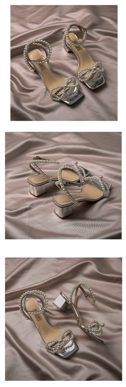 Luxury Summer High Heel Sandals Pearl Emebllished Crystal Shoes Ladies Wedding High Heels Bridal Shoes Women 's Party Shoes