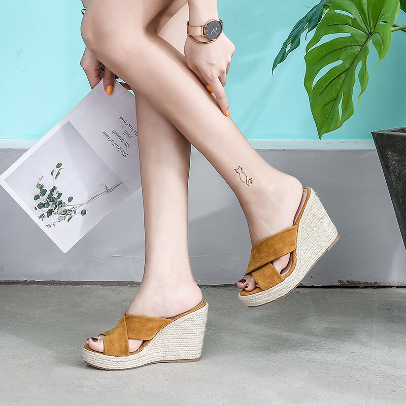 Summer Casual Wedges Slides Outdoor Peep Toe Cane Straw Weave Platform Slippers Sandals Women Fashion High Heels Female Shoes