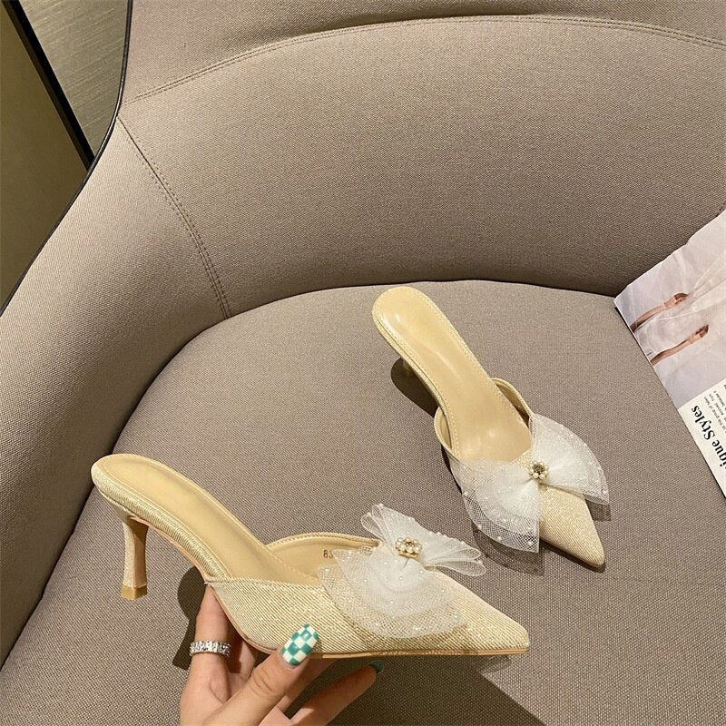 Women Sandals Pointed Stiletto Heel Mules Shoes Closed Toe Mesh Bow High Heel Pearl Sandals for Women