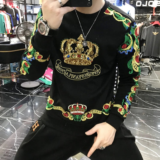 xiangtuibao Luxury Gold Black Embroidery Sequin Crown Sweatshirts Men Sudadera Hombre Baroque Club Outwear Sweat Homme Harajuku Sweatshirt