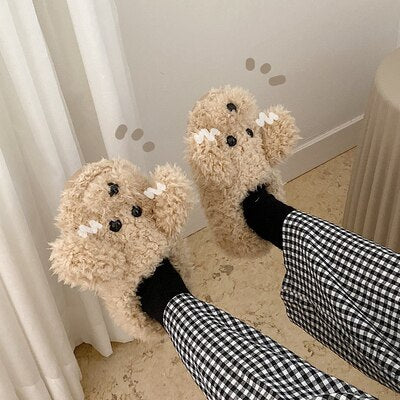 New girl heart cotton slippers female autumn and winter cartoon Christmas cute knot plush non-slip indoor shoes home