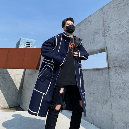 Trench Coat Men Streetwear Long Jacket Hip Hop Line Male Fashion Windbreaker Spring Autumn Hooded Overcoat