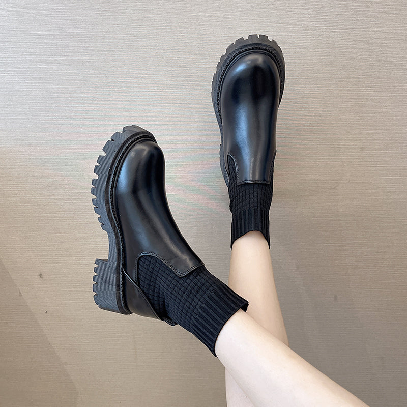 Fashion Knit Patchwork Platform Ankle Boots Women  Spring Non-slip Patent Leather Boots Woman Round Toe Square Heel Shoes