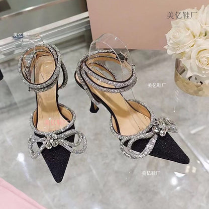 Rhinestone Baotou sandals  new summer fairy wind pointed pink high-heeled bow tie thin heel winding bandage