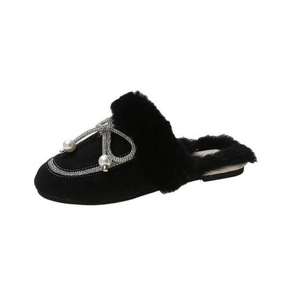 Ladies Plush Slippers Autumn Winter New Baotou Furry Mules Shoes Women Outdoor Wear Bowknot Warmth Flat-bottomed Cotton Slippers