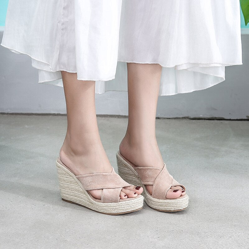 Summer Casual Wedges Slides Outdoor Peep Toe Cane Straw Weave Platform Slippers Sandals Women Fashion High Heels Female Shoes