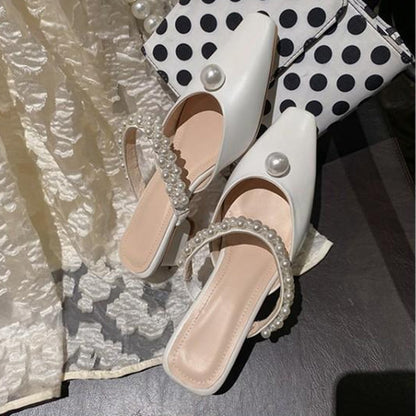 Lucyever Pearls Strap Mules Shoes Women's  Autumn Fashion Square Toe Thick Heels Slip on Shoes Woman Elegant Slippers Slides