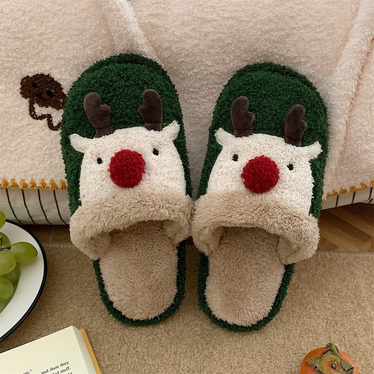 New girl heart cotton slippers female autumn and winter cartoon Christmas cute knot plush non-slip indoor shoes home