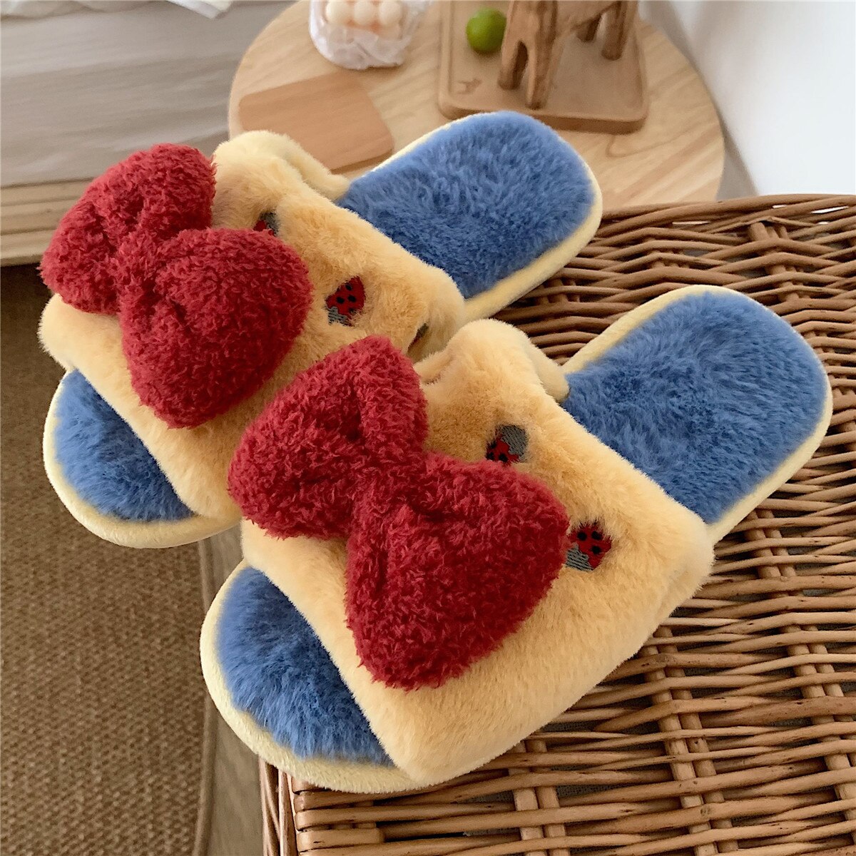 New Cute girly heart bowknot cotton slippers women's autumn and winter bedroom non-slip plush confinement shoes warm shoes