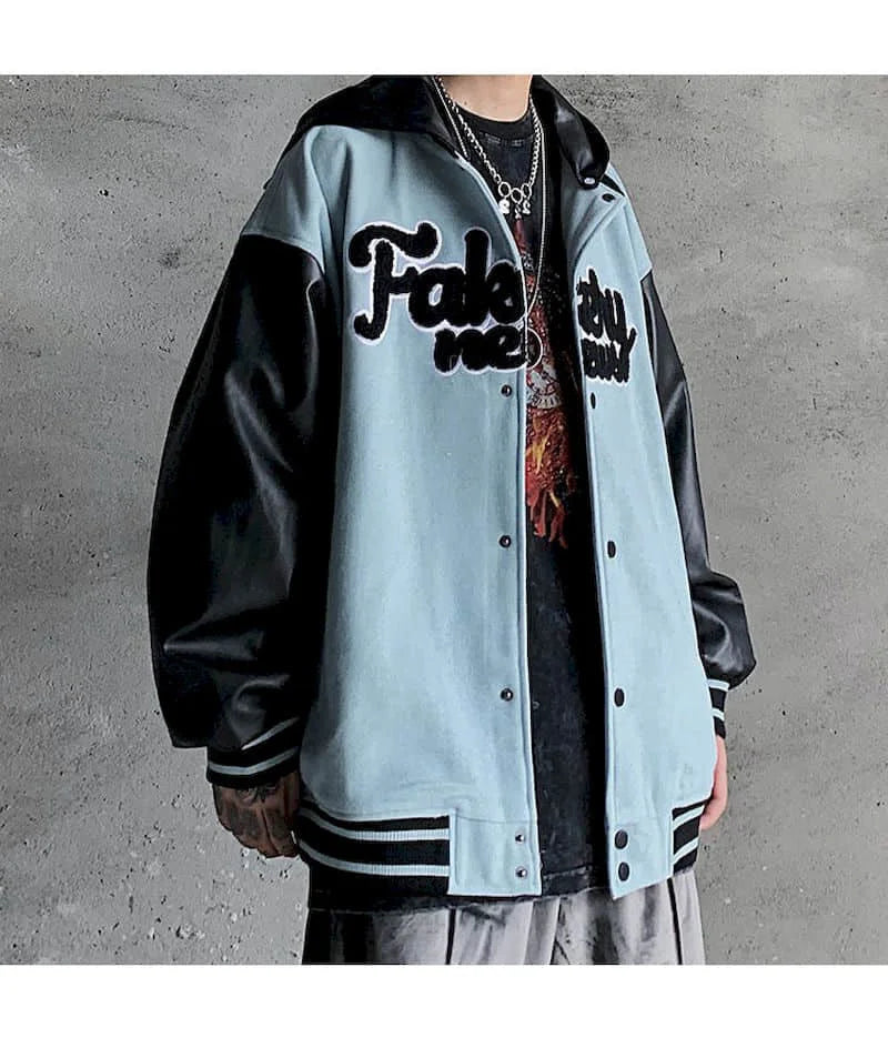 xiangtuibao  -  Retro Embroidery Baseball Clothes Hooded Jacket Couple High Street Hip-hop Color Matching BF Loose Coats and Jackets Women Tops