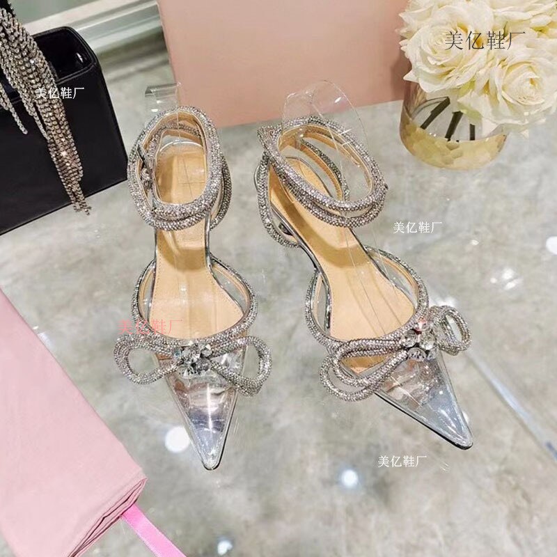 Rhinestone Baotou sandals  new summer fairy wind pointed pink high-heeled bow tie thin heel winding bandage