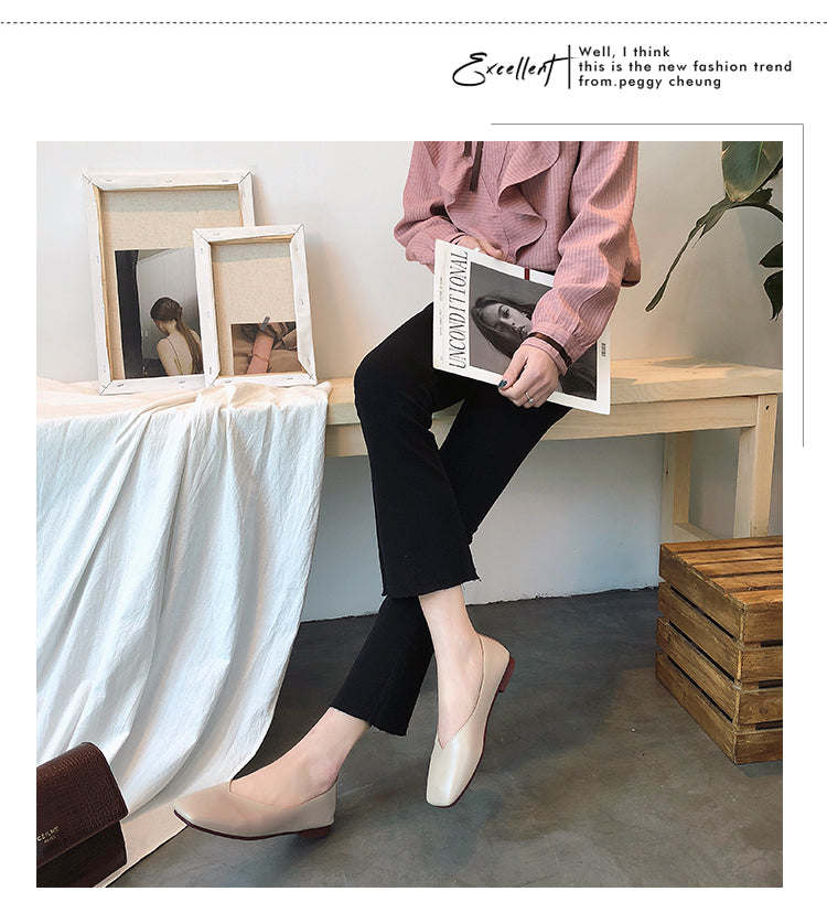 xiangtuibao Fashion Women Flat Shoe  Elegant Shallow Low-heeled Sandals  Beige Korean Slippers Square Toe Slip-on Simple Woman Shoes