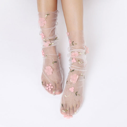 xiangtuibao Fashion Floral Lace Socks Women Long Tulle Socks Female Transparent Thin Mesh Socks Chiffon Lace Up Socks Dress Calcetines