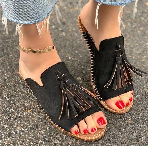 Women Flat Flip Flops Tassel Lace Up Casual Sandals Round Toe Plus Size Straw Sandals Lightweight Comfortable Beach Slippers