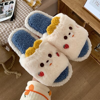 New Girl Heart Cotton Slippers Female Autumn And Winter Cartoon Cute Pig Knot Plush Non-slip Indoor Shoes Home Warm