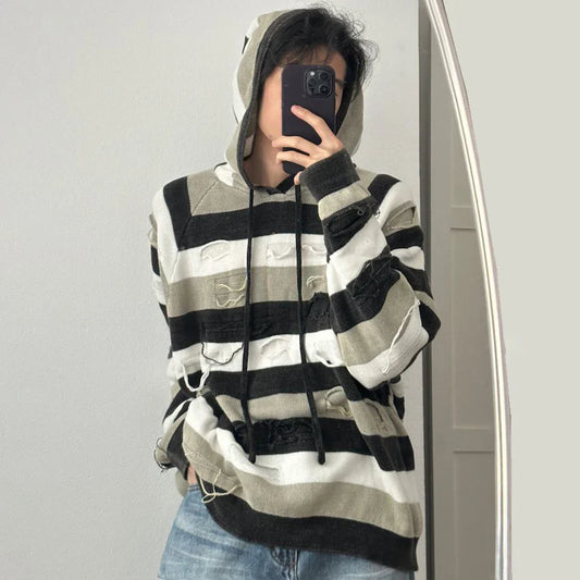 xiangtuibao Holed Striped Lazy Style Hooded Sweater Mens American Retro Loose Comfortable Casual Trendy Autumn Winter Knitted Sweater Jacket