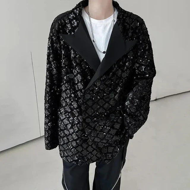 xiangtuibao Men Sequin Vintage Fashion Blazers New Loose Casual Suit Blazer Male Nightclub Stage Show Clothing Korean Streetwear Jacket Coat