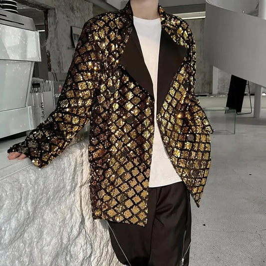 xiangtuibao Men Sequin Vintage Fashion Blazers New Loose Casual Suit Blazer Male Nightclub Stage Show Clothing Korean Streetwear Jacket Coat
