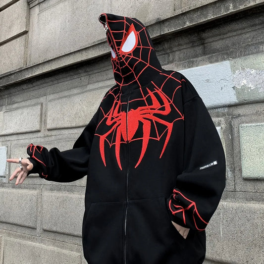 xiangtuibao Men Y2K Spider Hooded Coat Mens Autumn Embroidery Casual Jacket 320gsm Male Zip Up Sweatshirt Hip Hop Streetwear Oversize Coats