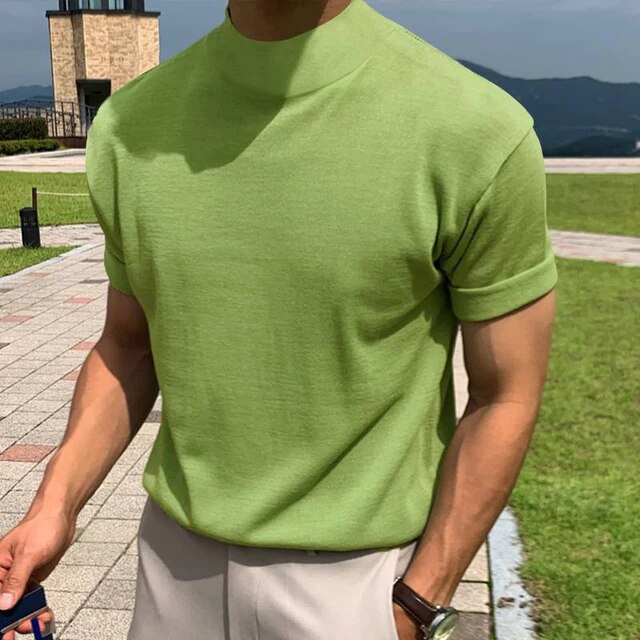xiangtuibao Men's Korean Version Base Shirt Comfort Fashion Solid Color High Neck Short Sleeved T-shirt Casual Male Clothing Tees Streetwear