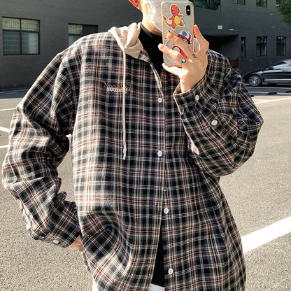 xiangtuibao Men Plaid Hooded Long Sleeve Shirts Spring New Korean Shirt Neutral Woman Gothic Fashion Casual Oversize Hip Hop Shirt Coat