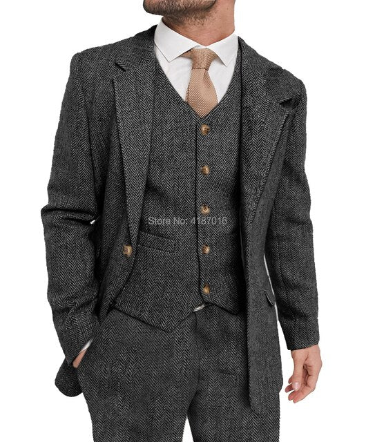 xiangtuibao Mens Suit Grey 3 Piece Suit Hight Quality Wool Tweed Wedding Groomsmen Shawl Lapel Tuxedos Slim Fit Blazer+Pants+vest