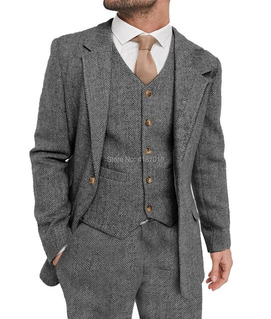 xiangtuibao Mens Suit Grey 3 Piece Suit Hight Quality Wool Tweed Wedding Groomsmen Shawl Lapel Tuxedos Slim Fit Blazer+Pants+vest