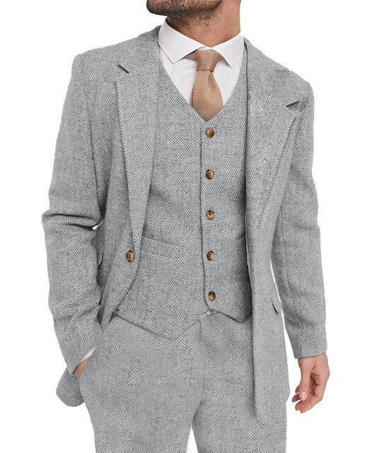 xiangtuibao Mens Suit Grey 3 Piece Suit Hight Quality Wool Tweed Wedding Groomsmen Shawl Lapel Tuxedos Slim Fit Blazer+Pants+vest
