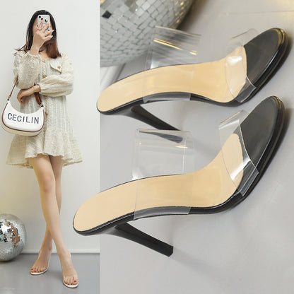 XIANGTUIBAO Women's Sandals with Transparent High Heel Strap  New plus Size Summer Nude Stiletto Heel Fairy Style Skin Color Sandals