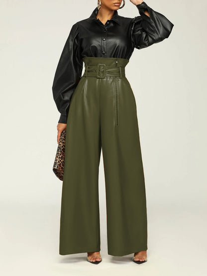 XIANGTUIBAO 20252025 trade women's clothing 2025 fashion high-waisted trousers INS style PU leather trousers nightclub metal belt wide-leg trousers