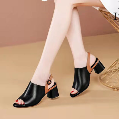 xiangtuibao Women's Sandals  Summer New Leather High Heel in Stock Real Soft Leather Chunky Heel plus Size European and American Peep Toe Fashion Sandals