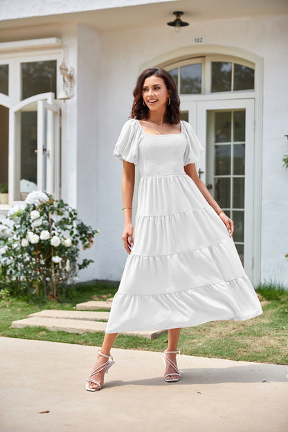 Summer European and American Foreign Trade Cross-Border Women's Clothing  Square Collar Backless Puff Sleeve Pleated Short Sleeves Dress