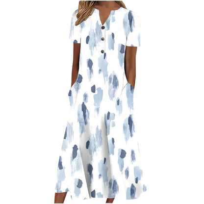 Cross Border Women's Summer New V-neck Button Short Sleeve Loose Big Hem Print Dress