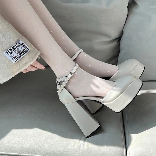 XIANGTUIBAO Mary Jane Chunky Heel High Heels Women  New Fairy Style Platform  Square Toe Ankle-Strap Buckle Shoes