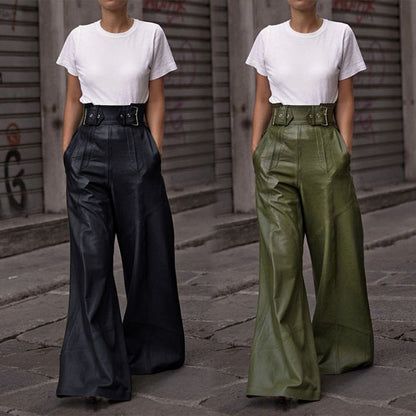 XIANGTUIBAO 2025 2025 trade  fashion leather pants women, high waist loose pocket waist PU leather flared pants, casual trousers