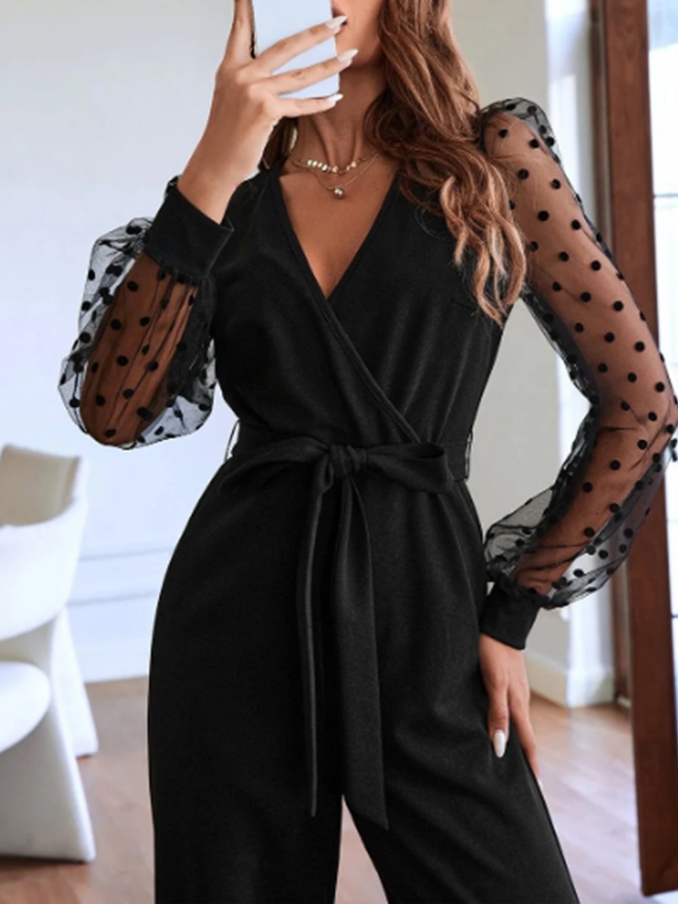 XIANGTUIBAO Cross-border  2025 fashion V-neck women's lace long-sleeved jumpsuit, belt straight pants elegant women's clothing