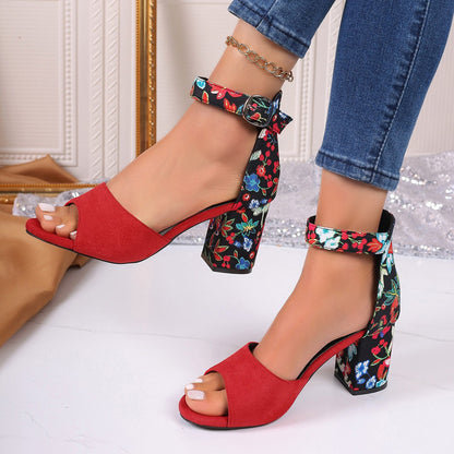 XIANGTUIBAO Cross-Border New Arrival  European and American Fashion plus Size Embroidered Chunky Heel Women's Sandals Foreign Trade Women's Buckle High Heel Sandals