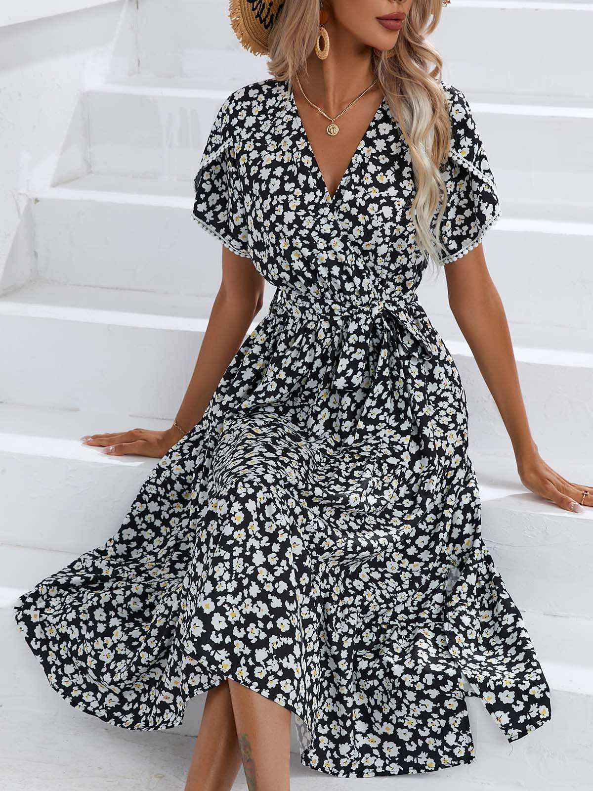 European and American Women's Clothing  Hot Dress  Summer Cross-Border Small Floral Split V-neck Foreign Trade Women's Clothing