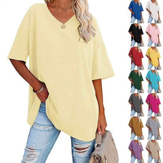 Cross-Border European and American Women's Clothing  Foreign Trade Spring and Summer New Color Loose Half Sleeve V-neck Cotton Waist Women's Top